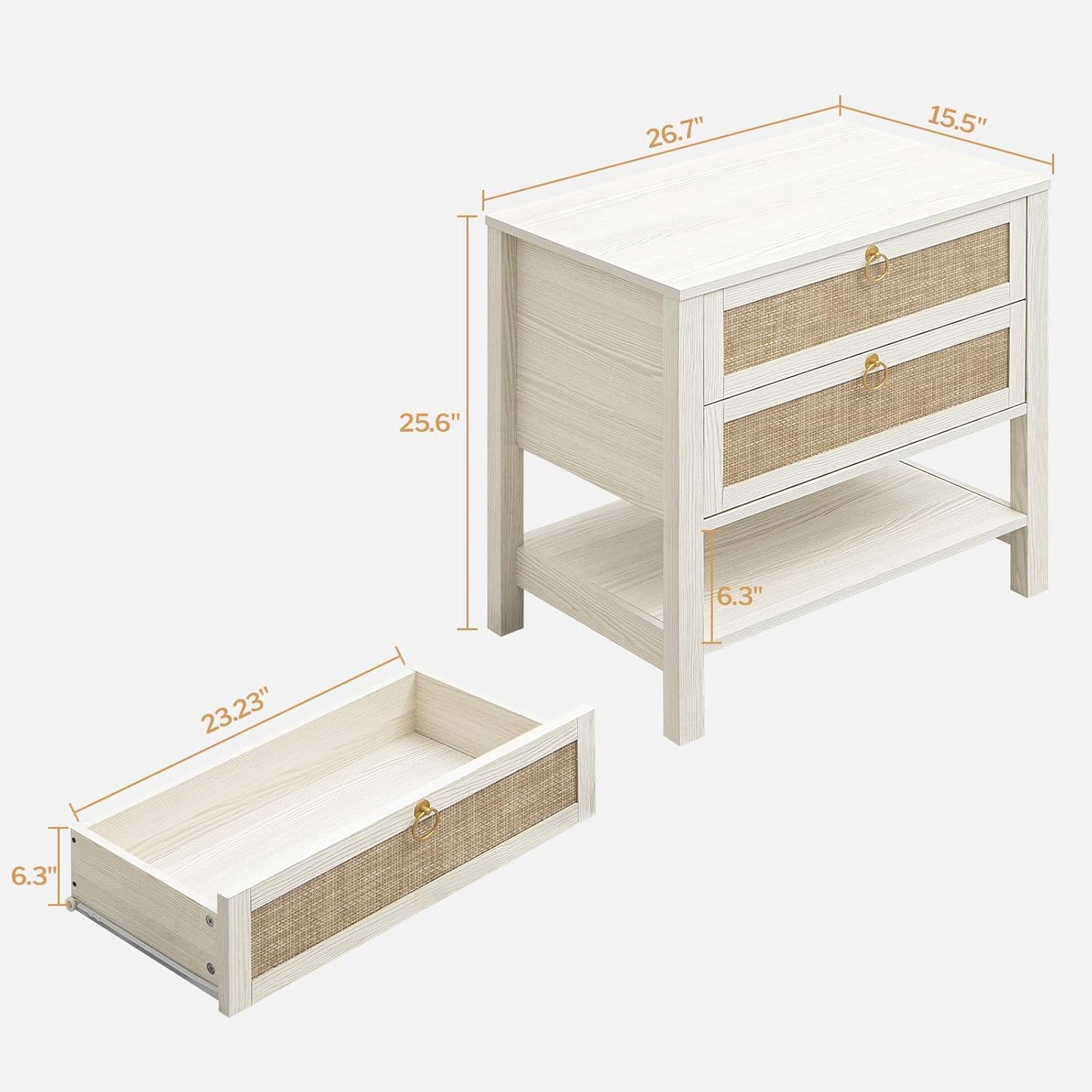 White Night Stand Set of 2, Large Nightstand with Drawers and Storage Shelf - Rattan Boho Bedside Table Narrow Side Table for Bedroom, Small Space