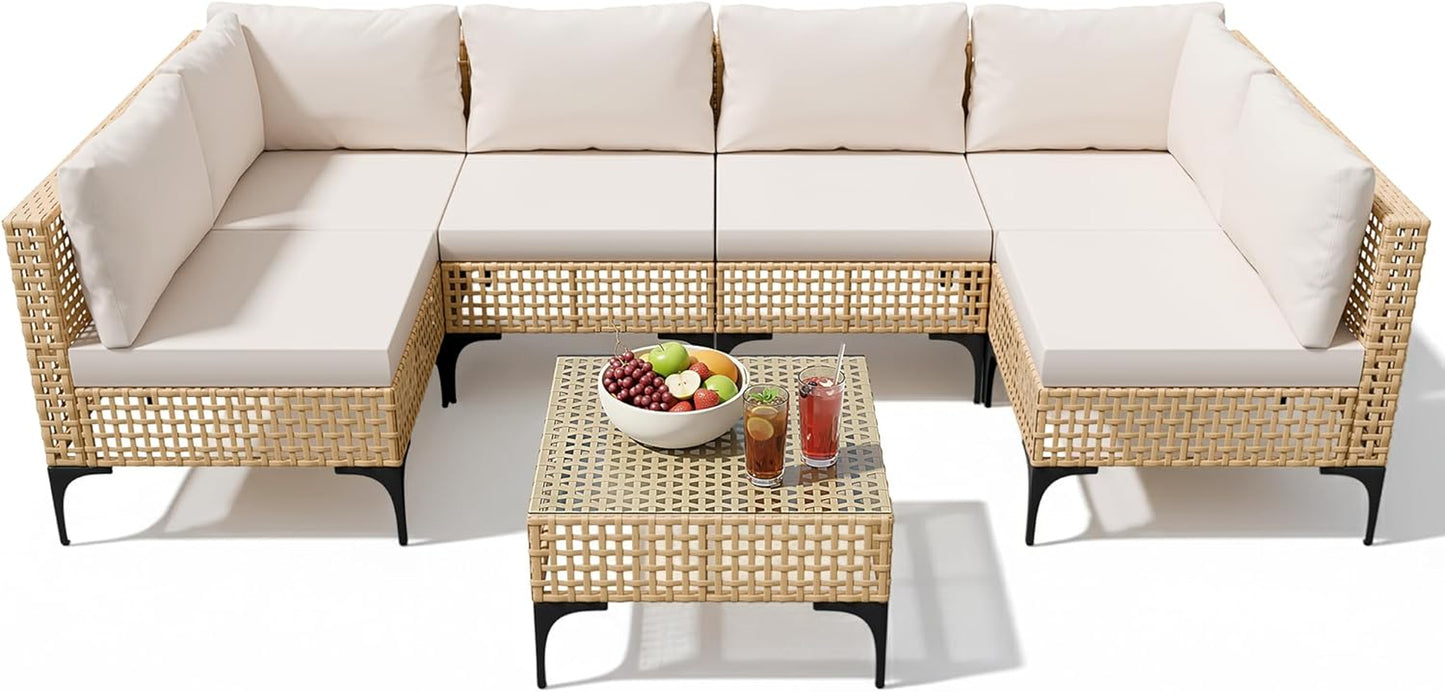 Patio Furniture Set,7 Pieces Outdoor Wicker Sectional Couch with Thick Cushions &Glass Tabletop, PE Rattan Backyard Conversation Sofa with Coffee Table for Deck, Porch
