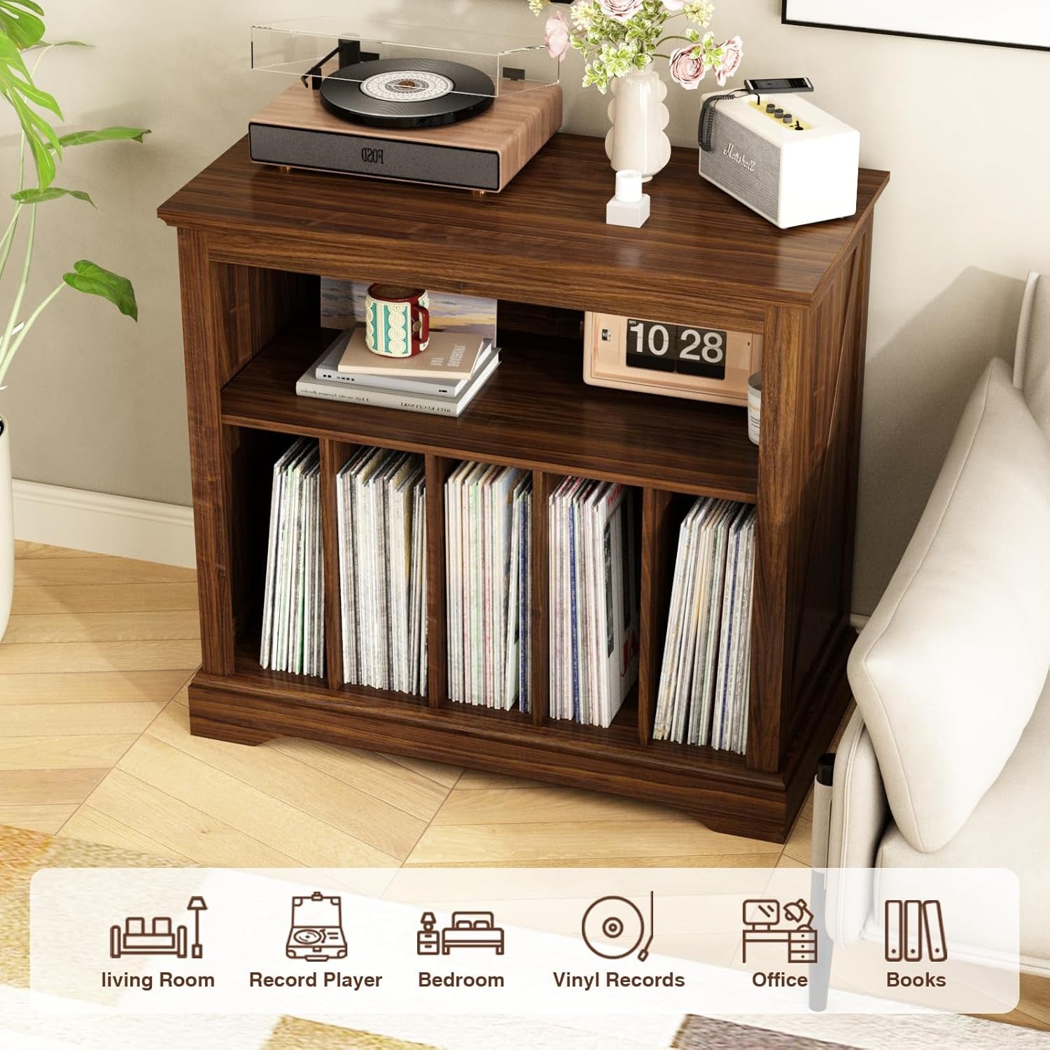 Large Farmhouse Record Player Stand, Turntable Stand with Vinyl Storage, Wood Record Holder Storage Cabinet Dispaly Shelf for Living Room, Bedroom, Office, Brown