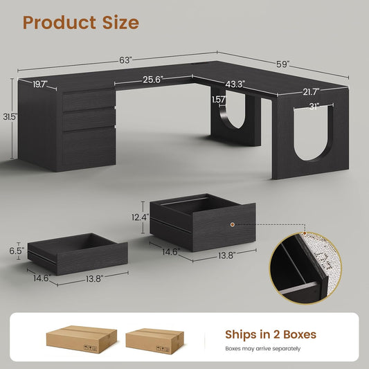63" L Shaped Desk with 3 Drawers, Modern Executive Office Desk with File Drawer, Wood Corner Computer Desk with Relief Texture, Home Office Desk with Power Outlet, Black