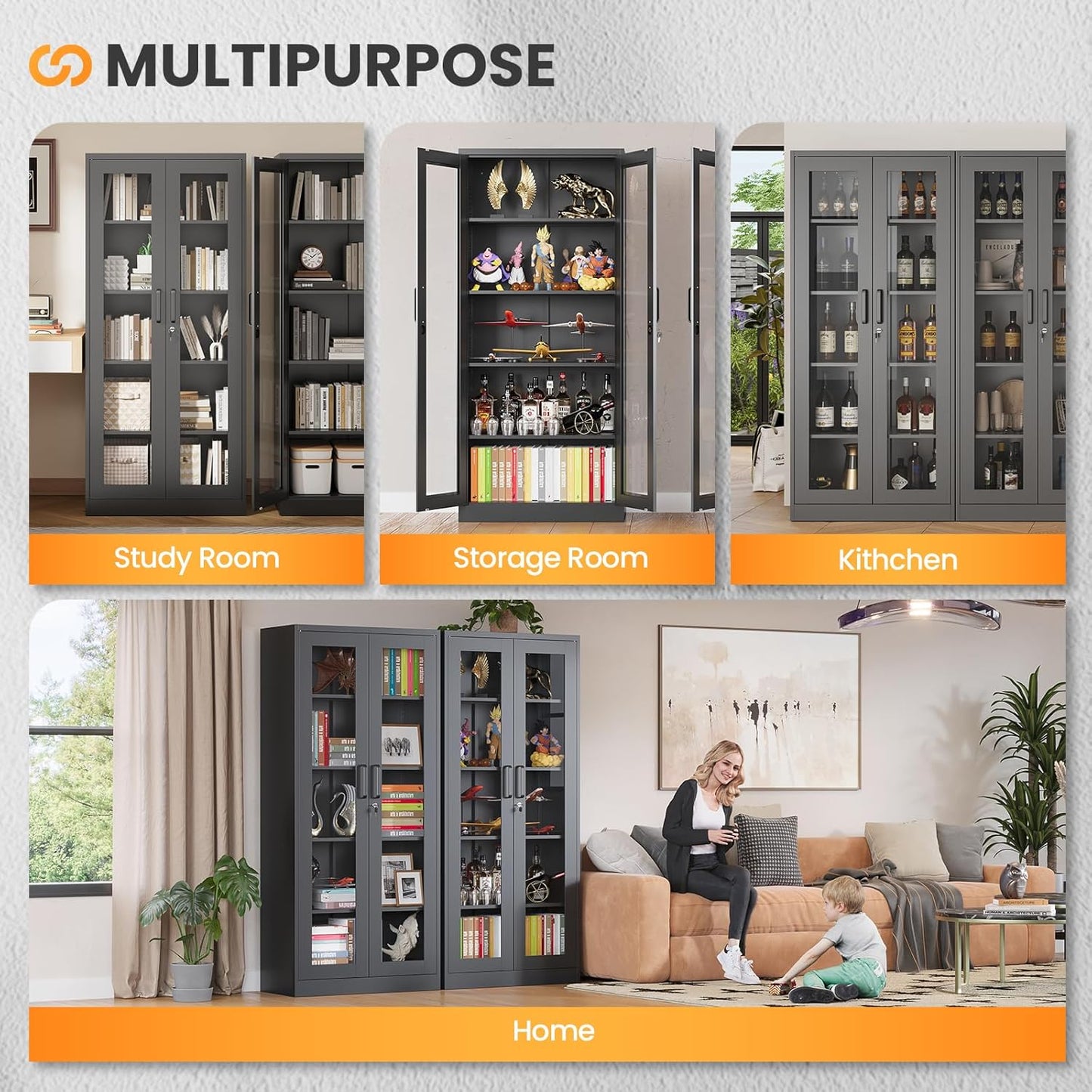 Glass Display Cabinet with Lock, 67”H Metal Curio Cabinets with Glass Door, Locking Liquor Caninet Display Case for Home, Collectibles, Clinic, Living Room - Assembly Required