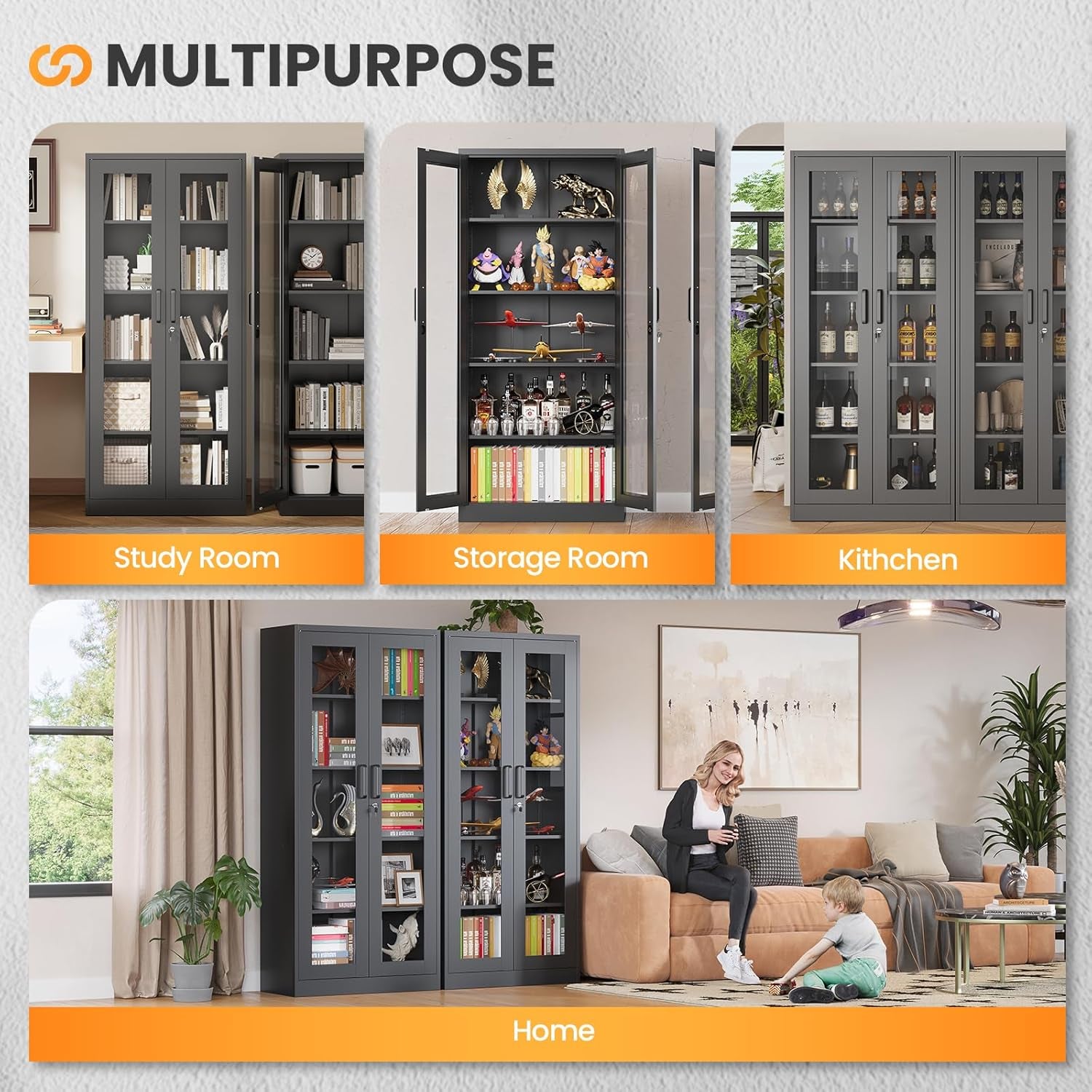 Glass Display Cabinet with Lock, 67”H Metal Curio Cabinets with Glass Door, Locking Liquor Caninet Display Case for Home, Collectibles, Clinic, Living Room - Assembly Required