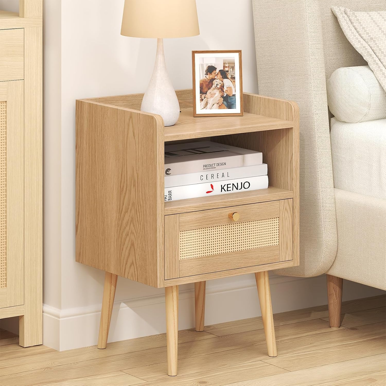 Night Stand Set of 2, Bedside Tables with Charging Station, Rattan End Tables, Boho Bed Side Tables, Wood Nightstands Set of 2 for Kids' Room Farmhouse Bedroom Living Room Dorm Sofa Couch (Natural)