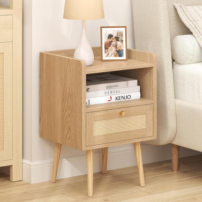 Night Stand Set of 2, Bedside Tables with Charging Station, Rattan End Tables, Boho Bed Side Tables, Wood Nightstands Set of 2 for Kids' Room Farmhouse Bedroom Living Room Dorm Sofa Couch (Natural)