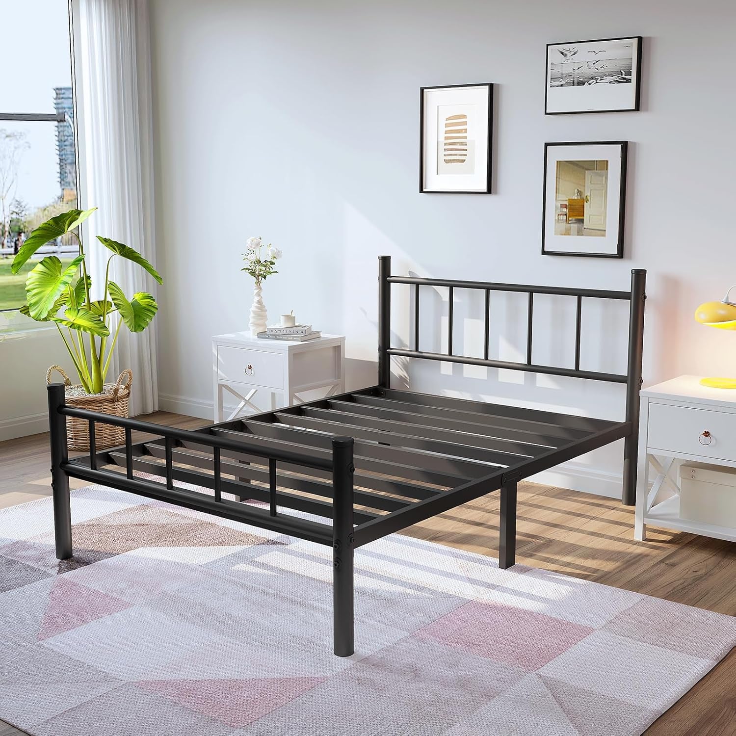 Twin Size Metal Bed Frame with Headboard & Footboard 14 Inch Metal Platform Mattress Foundation Support with Steel Slat, under Bed Storage, No Box Spring Needed