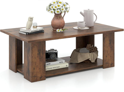 2-Tier Coffee Table, Modern Rectangular Center Cocktail Table with 5 Support Legs, Wooden Accent Living Room Furniture, Small Coffee Table for Small Spaces, Easy Assembly (Rustic Brown)