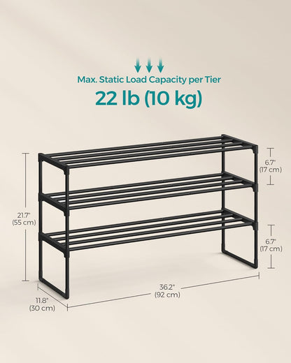 Shoe Rack, 3-Tier Shoe Organizer, Metal Storage Shelf, Upright or Upside Down, for 16-20 Pairs, Stackable, for Entryway, 11.8 X 36.2 X 21.7 Inches, Black ULSA303B02
