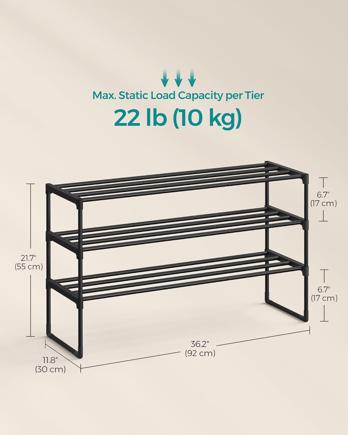 Shoe Rack, 3-Tier Shoe Organizer, Metal Storage Shelf, Upright or Upside Down, for 16-20 Pairs, Stackable, for Entryway, 11.8 X 36.2 X 21.7 Inches, Black ULSA303B02