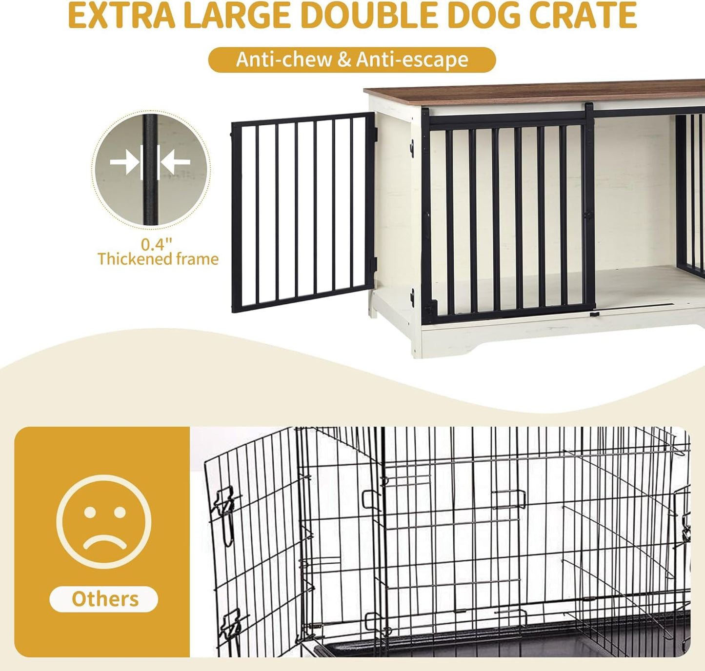78" Dog Crate Furniture for 2 Dogs, Double Dog Cage with Divider, Wooden Heavy Duty Dogs Kennel, Pet Cage with Barn Door, TV Stand for Large Small Medium Dogs, White Brown DFC83714BV1