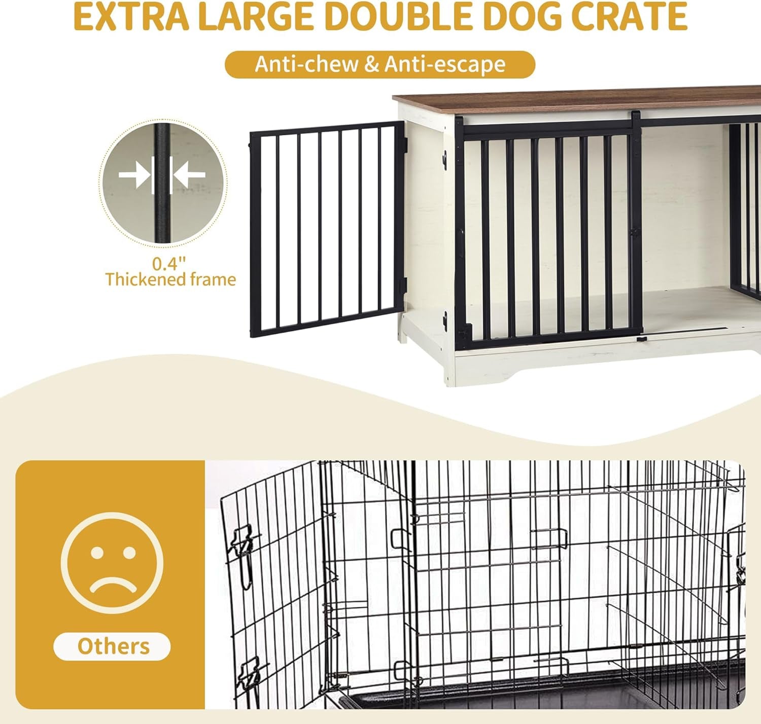 78" Dog Crate Furniture for 2 Dogs, Double Dog Cage with Divider, Wooden Heavy Duty Dogs Kennel, Pet Cage with Barn Door, TV Stand for Large Small Medium Dogs, White Brown DFC83714BV1