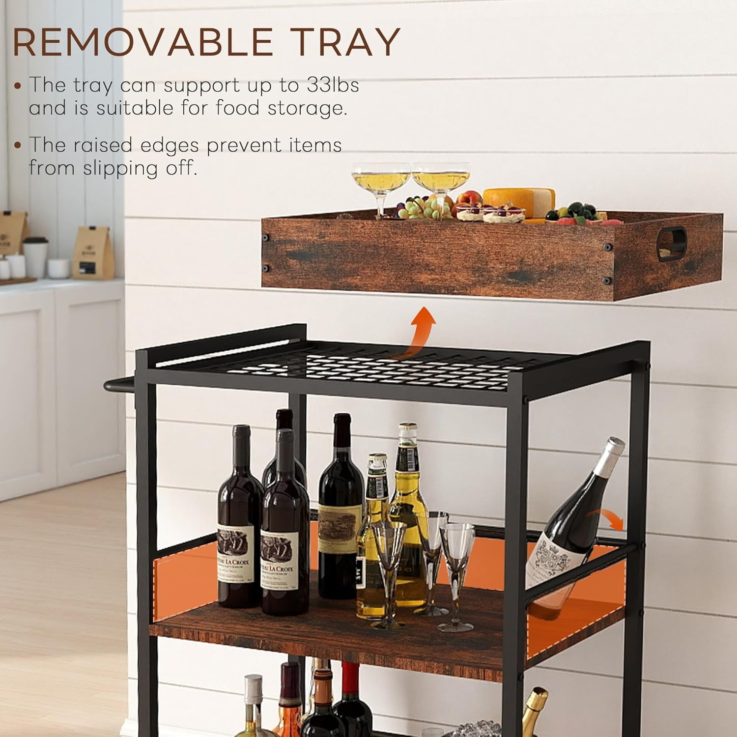 Kitchen Serving Cart with Wheels, Rolling Bar Cart for Home, Large 3 Tier with Detachable Server for Coffee, Tea, or Beverage Service, Rustic Farmhouse Design, Rustic Brown and Black