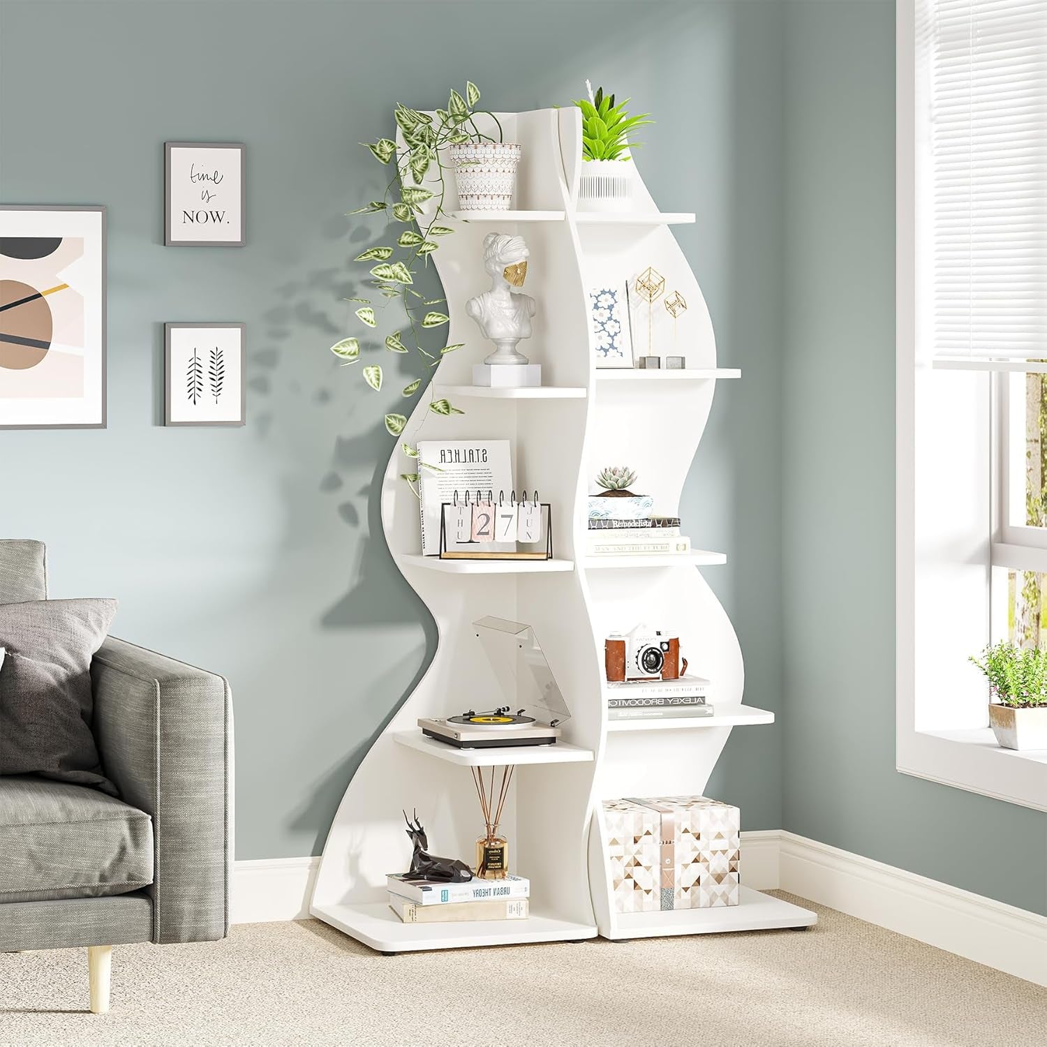 Corner Shelf, Modern 5-Tier Wall Corner Bookshelf, Stylish Corner Small Bookcase Storage Rack Plant Stand with Unique Shape for Living Room, Home Office (White, 1PC)