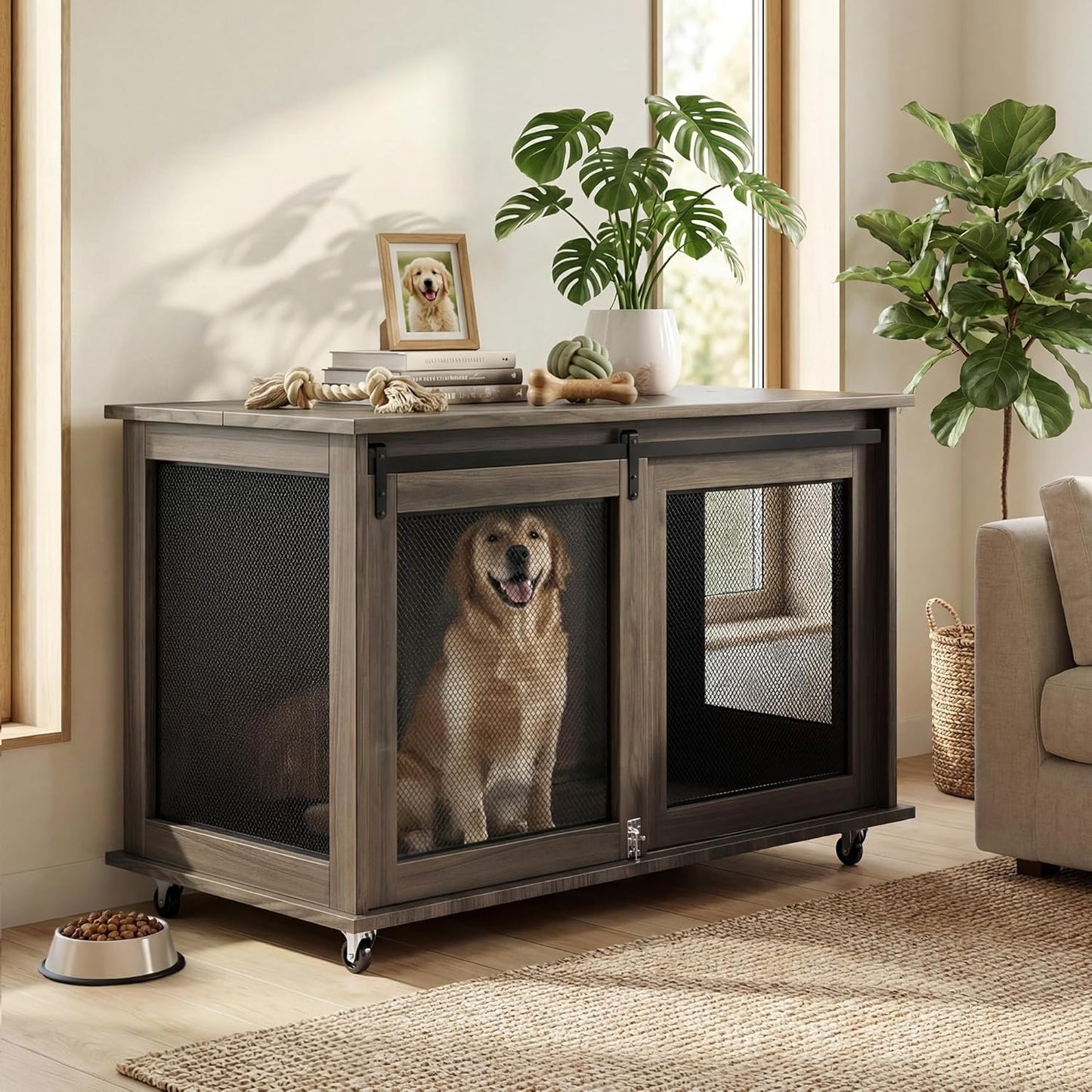 47 Inch XL Dog Crate Furniture, Wooden Heavy Duty Dog Kennel Indoor, Decorative Dog Cage Table for Extra Large Dogs, with Sliding Doors, Wheels and Flip-Top Plate