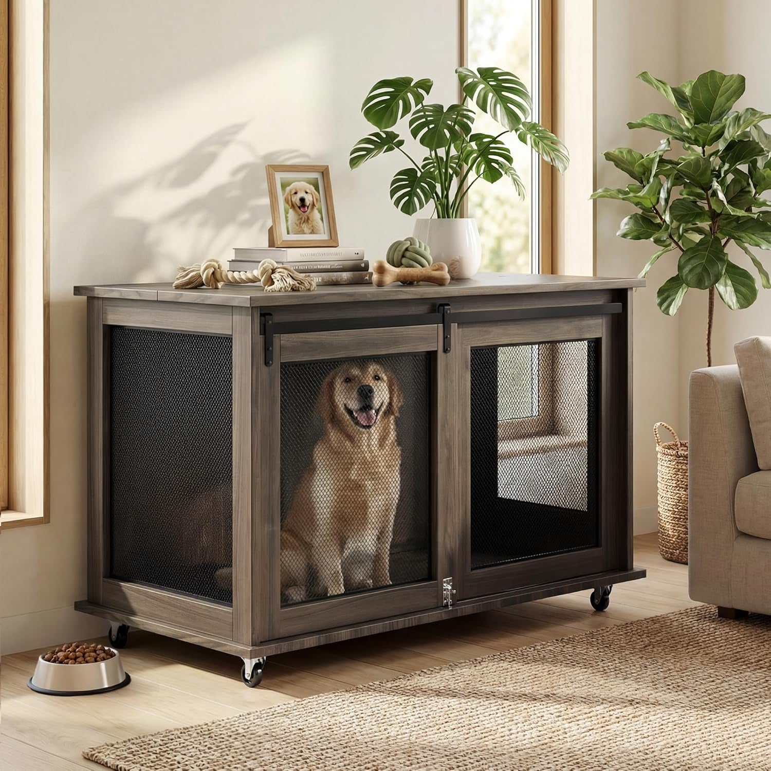 47 Inch XL Dog Crate Furniture, Wooden Heavy Duty Dog Kennel Indoor, Decorative Dog Cage Table for Extra Large Dogs, with Sliding Doors, Wheels and Flip-Top Plate