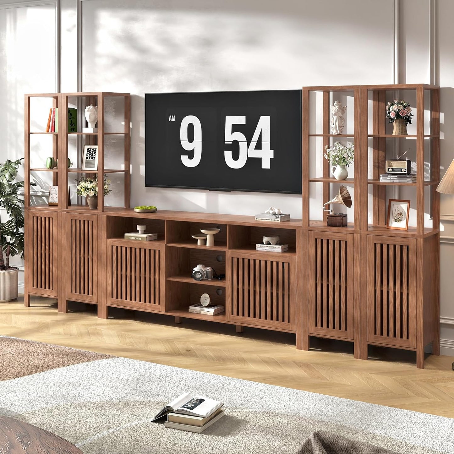 Farmhouse TV Stand for 70 Inch Tvs, Entertainment Center with Bookshelves - 6 Door Media Console with Adjustable Shelves, Storage Cabinet for Living Room Bedroom Home Theater, Rustic Brown