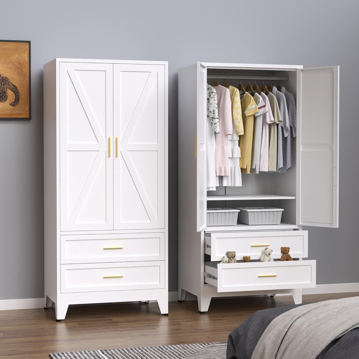 Steel Armoire Wardrobe Closet, 71" Metal Clothing Storage Cabinets with 2 Doors, 2 Drawers and 1 Adjustable Shelf, White Wardrobe Cabinet with Hanging Rod for Bedroom