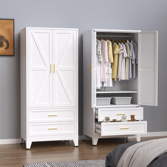 Steel Armoire Wardrobe Closet, 71" Metal Clothing Storage Cabinets with 2 Doors, 2 Drawers and 1 Adjustable Shelf, White Wardrobe Cabinet with Hanging Rod for Bedroom
