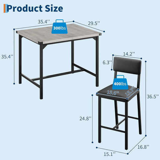 Dining Table Set for 4 W/Footrest & Corner Protector, 5-Piece Kitchen Table Set with Counter Height Table & 4 Upholstered Bar Stools, for Kitchen Room, Apartment, Pub, Retro Gray