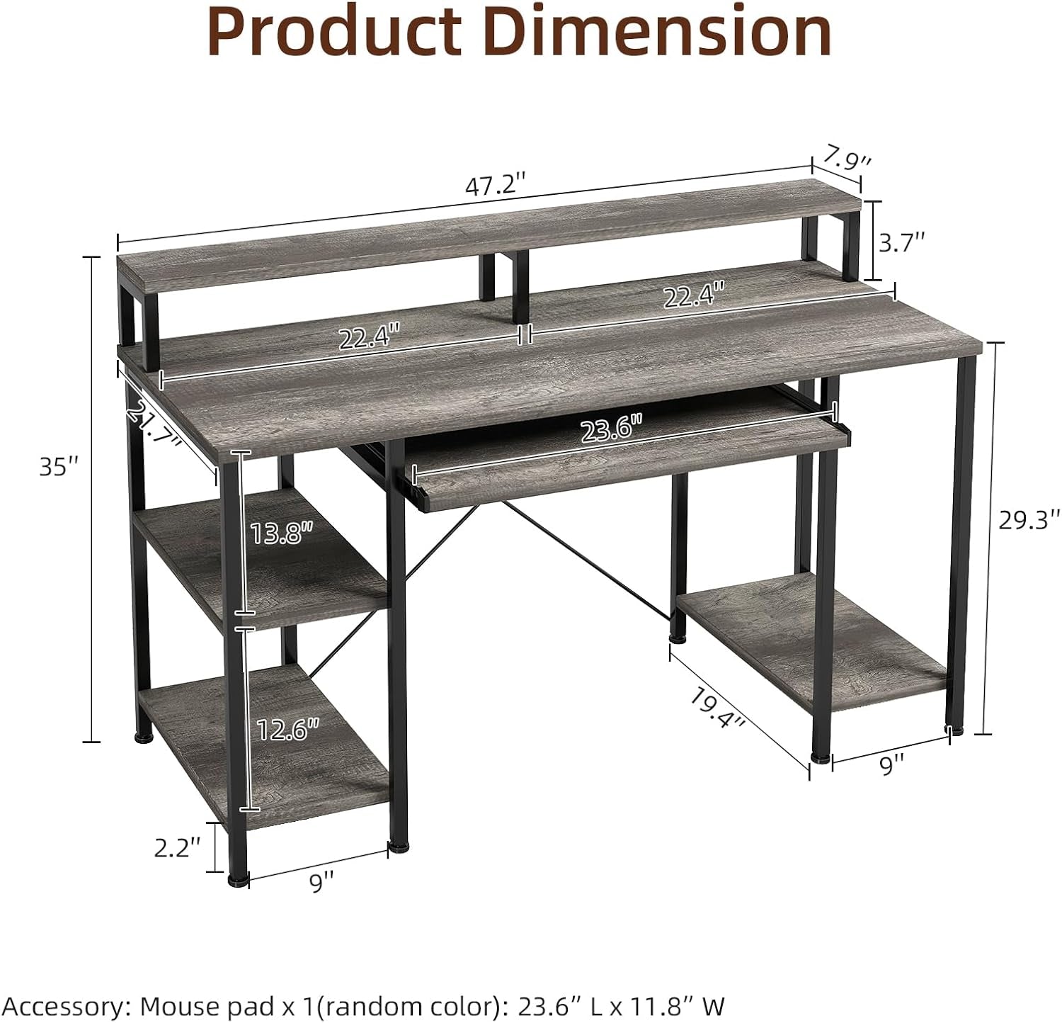 Computer Desk- 48 Inch Home Office Desk with Keyboard Tray, 47" Gaming Desk with Full Monitor Stand & Storage Shelves & CPU Stand, Modern Study Writing Table with Shelf for Storage, Gray Oak