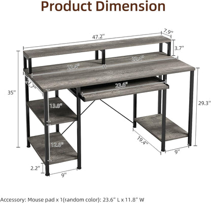 Computer Desk- 48 Inch Home Office Desk with Keyboard Tray, 47" Gaming Desk with Full Monitor Stand & Storage Shelves & CPU Stand, Modern Study Writing Table with Shelf for Storage, Gray Oak