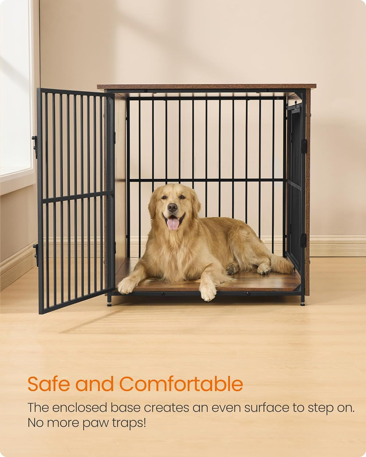 Wooden Dog Crate Furniture, 48 Inches Heavy-Duty Kennel for Dogs up to 110 Lb, with Double Doors and Enclosed Wood Base, Modern Pet Cage End Table Indoor, Rustic Brown