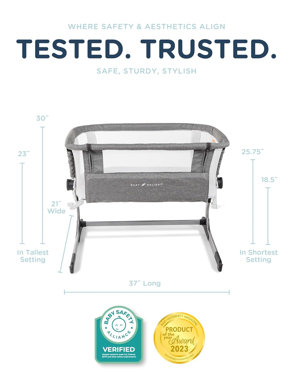 beside Me Dreamer Bassinet | Bedside Sleeper | 6-Position Height Adjustment | Charcoal Tweed