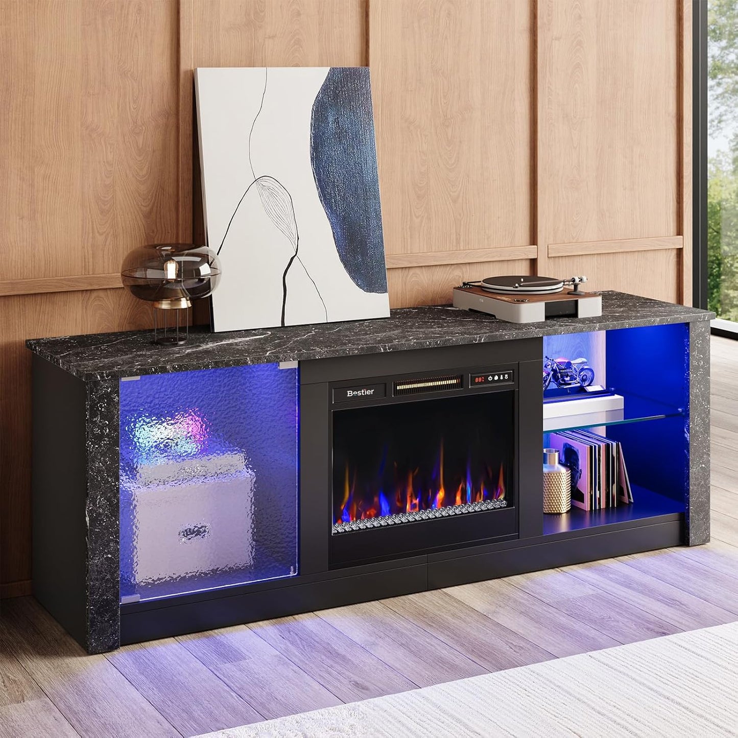 63" Modern Fireplace TV Stand for Tvs up to 70", Electric Entertainment Center with Adjustable LED Storage Cabinets, Textured Door, Farmhouse Media Console for Living Room, Black Marble