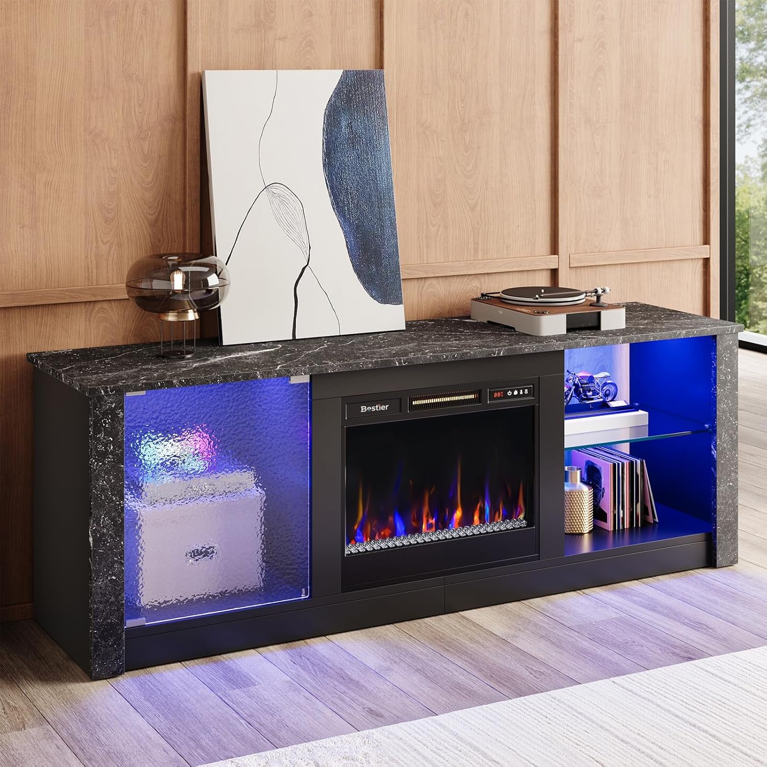 63" Modern Fireplace TV Stand for Tvs up to 70", Electric Entertainment Center with Adjustable LED Storage Cabinets, Textured Door, Farmhouse Media Console for Living Room, Black Marble