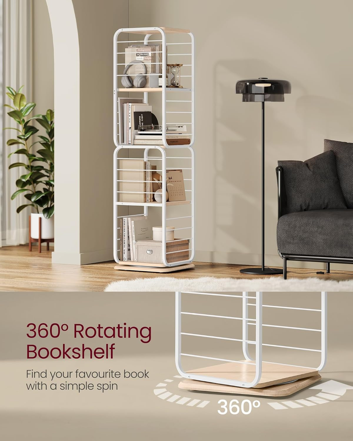 4-Tier Rotating Bookshelf, Bookcase with Bookends for Small Spaces, Corner Shelf, Steel Frame, Natural Beige and Cloud White ULLS127W67