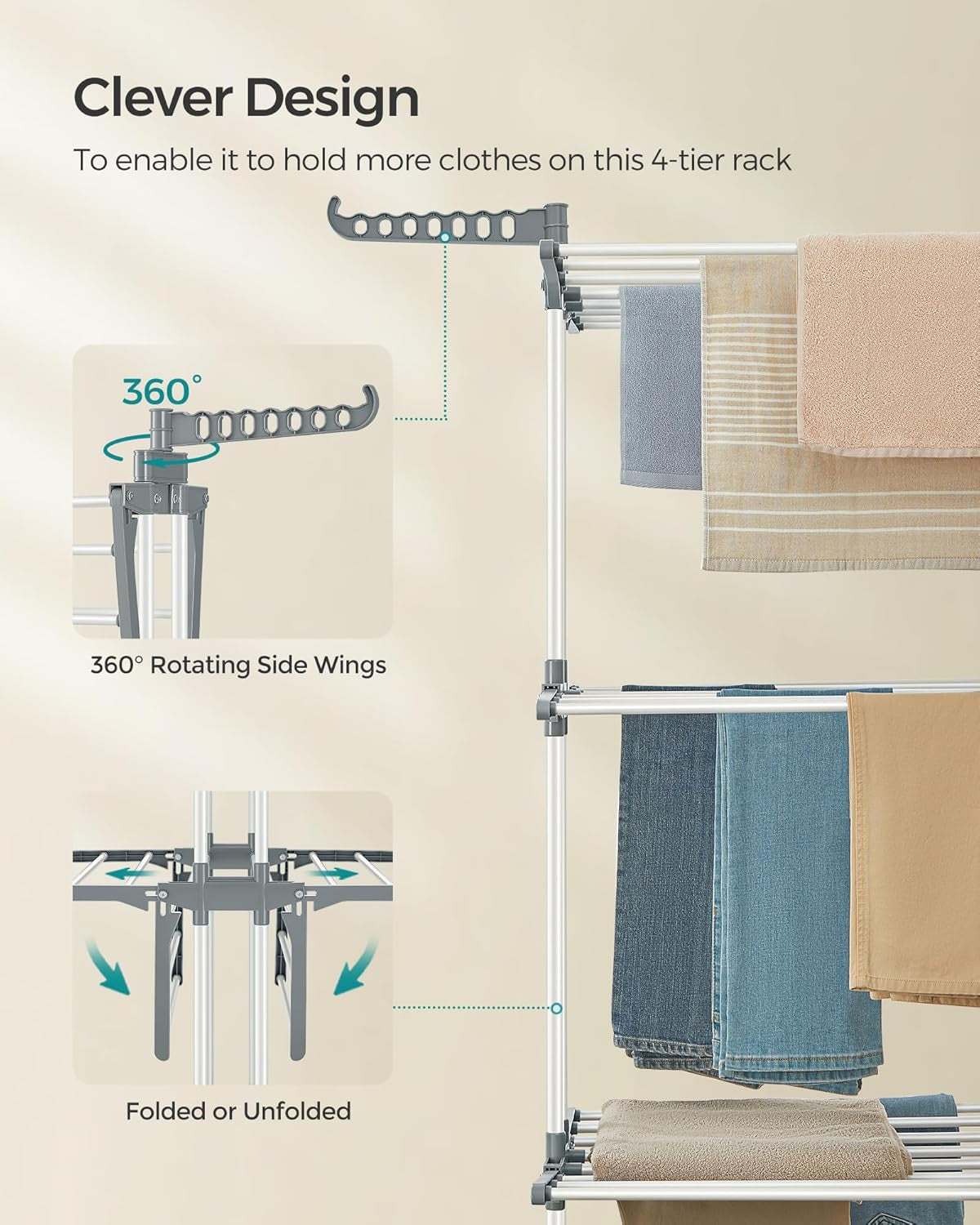 Clothes Drying Rack Stand 4-Tier, Foldable Laundry Drying Rack 68.1-Inch Tall, Steel, Rolling Clothes Horses Dryer Rack, Easy to Assemble, Indoor Outdoor Use, White ULLR701W01