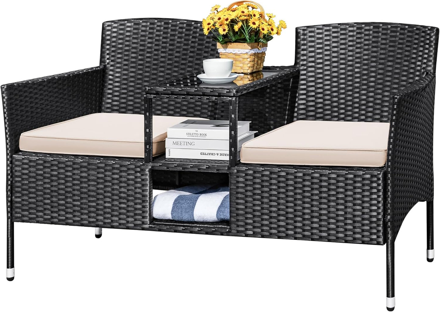 Outdoor Patio Loveseat Modern Rattan 2-Seat Patio Conversation Set with Cushions & Built-In Coffee Table Porch Furniture for Garden Lawn Backyard (Beige)