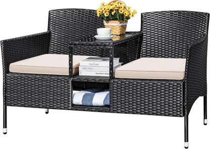 Outdoor Patio Loveseat Modern Rattan 2-Seat Patio Conversation Set with Cushions & Built-In Coffee Table Porch Furniture for Garden Lawn Backyard (Beige)