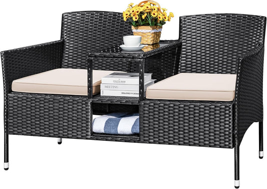 Outdoor Patio Loveseat Modern Rattan 2-Seat Patio Conversation Set with Cushions & Built-In Coffee Table Porch Furniture for Garden Lawn Backyard (Beige)