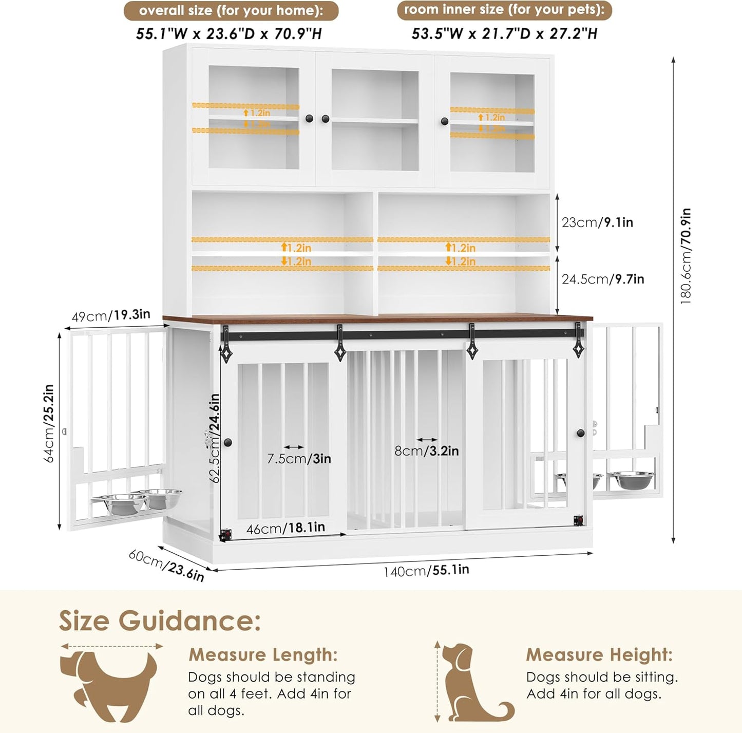 71"H X 55"L Large Dog Crate Furniture with Hutch Shelf and Glass Door, Indoor Dog Kennel with Divider and Feeding Bowls for Large Dogs 2 Pets, Heavy Duty Dog Cage Pet House with 4 Doors, Black