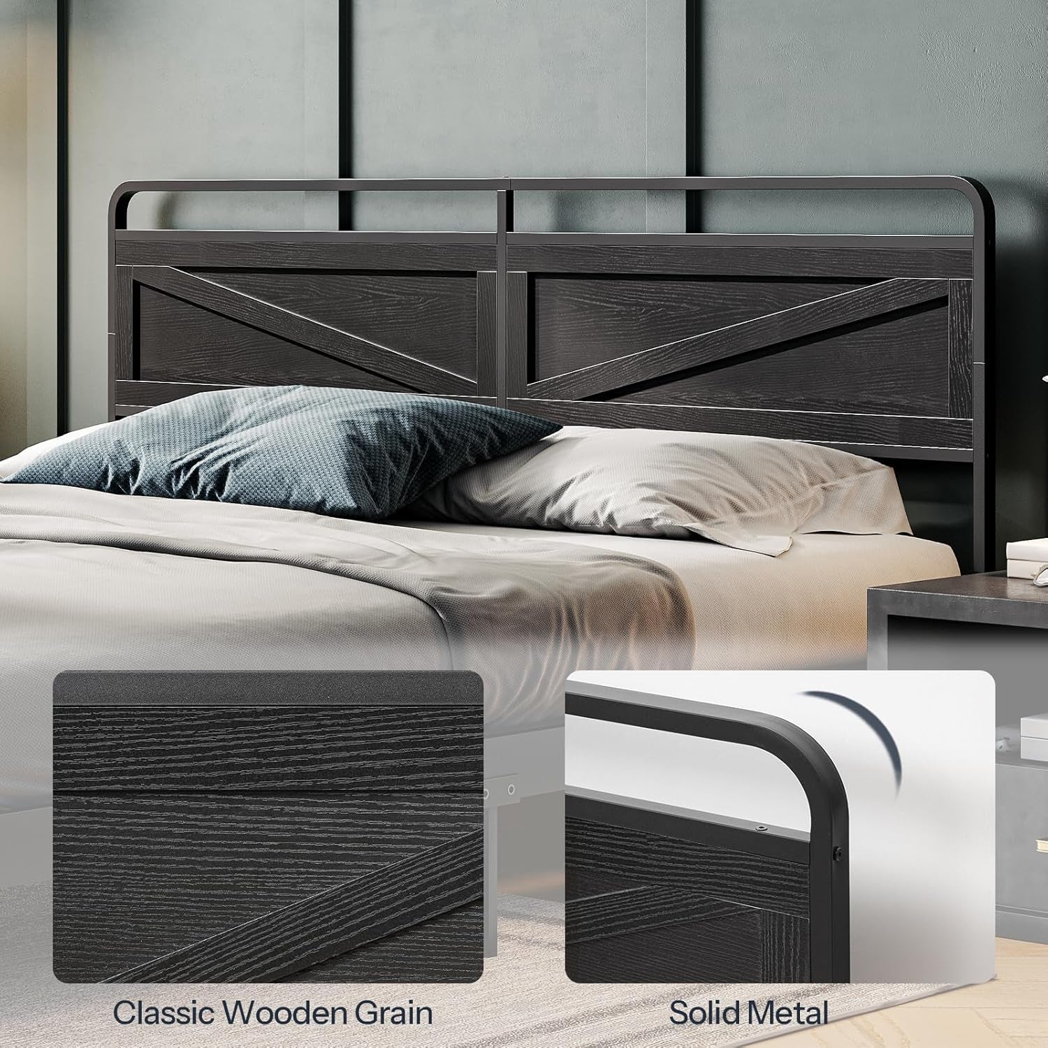 Wooden Panel Headboard, King Headboard, Minimalist Head Board with Metal Frame, Height Adjustable, with Bed Frame Adapter, Black