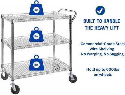 Heavy Duty 3 Tier Rolling Utility Kitchen Cart on Wheels,Large 45"L X 17 1/2"D X 45"H Metal Serving Cart Commercial Grade with Wire Shelving and Handle Bar for Office School Church Kitchen Hardware