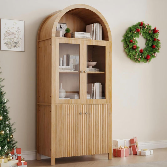 Tall Arched Cabinet, 71” Versatile Modern Farmhouse Flute Pantry with 2 Tier Adjustable Shelves for Kitchen, Dining Room, Bathroom Anti-Tipping Device, Natural Wood