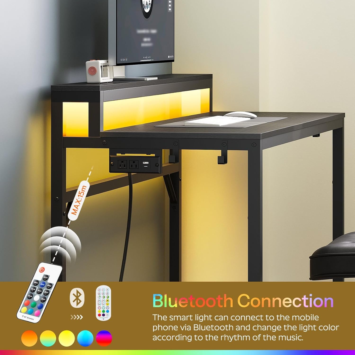 47.2" Computer Desk with Charging Station and LED Lights, Gaming Desk with Monitor Stand, 2-Tier Home Office Desk with 4 Side Hooks, for Living Room, Home Office, Black DN12UDBB