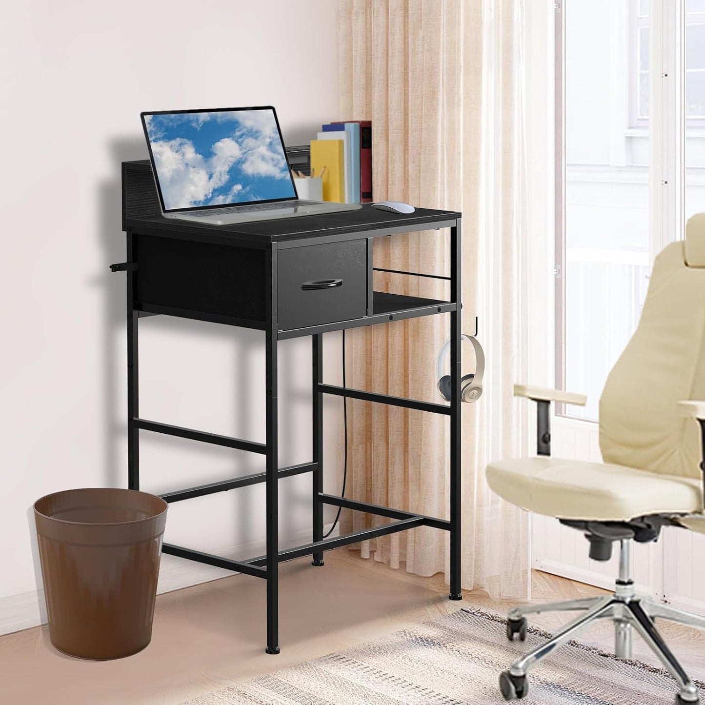 Makeup Vanity Desk without Mirror, Small Vanity Table with Fabric Drawers and Charging Station for Girls Bedroom, Simple Home Office Computer Desk for Small Spaces, Black