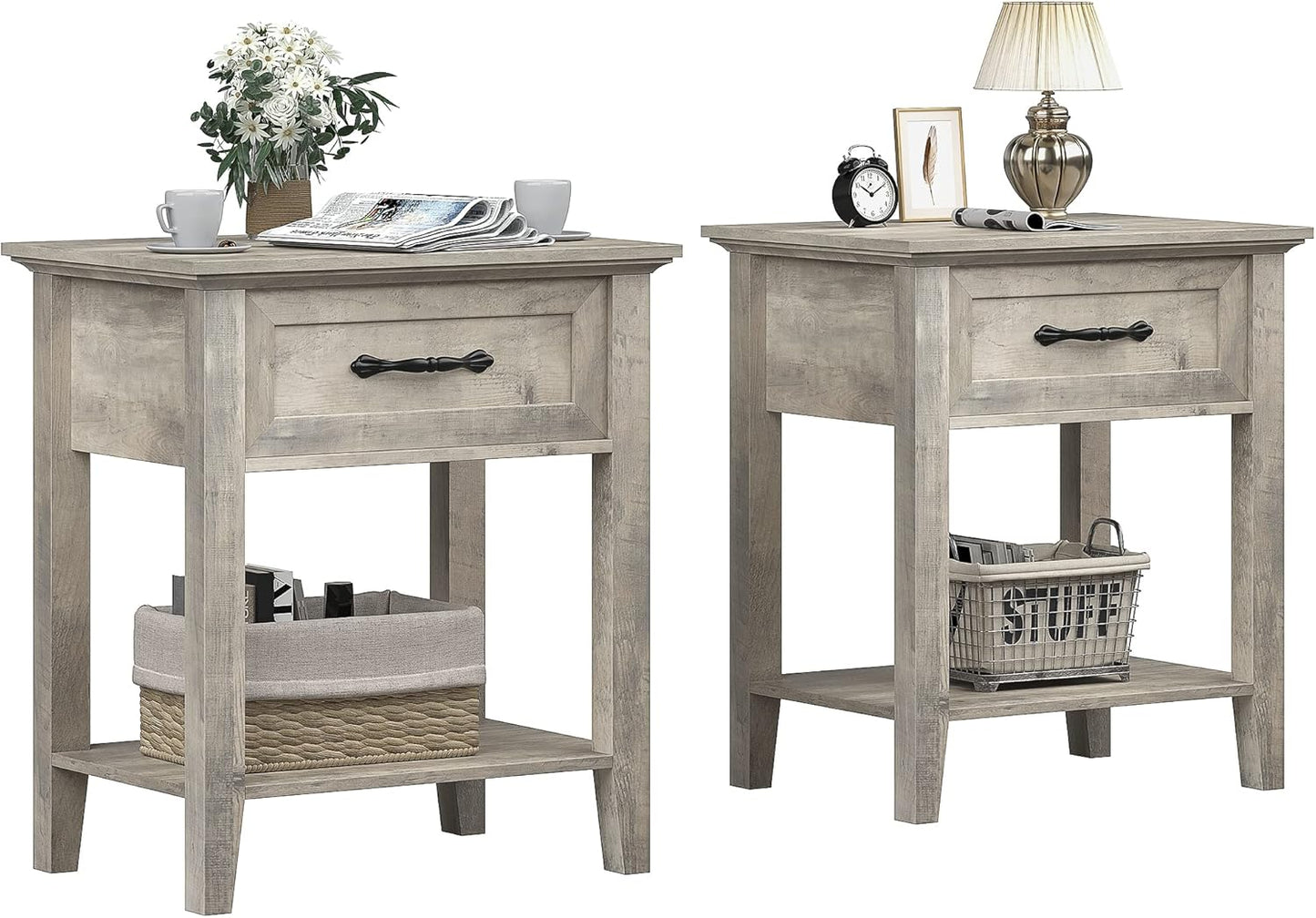 Grey Nightstands Set of 2, End Table with Drawer, Side Table for Spaces, 2 Tiers Storage Shelves with Dresser, Bedside Table for Living Room, Bedroom, Dorm (2Pcs-Grey)