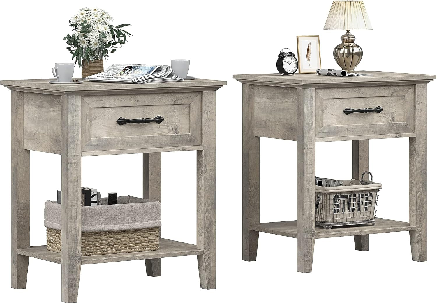 Grey Nightstands Set of 2, End Table with Drawer, Side Table for Spaces, 2 Tiers Storage Shelves with Dresser, Bedside Table for Living Room, Bedroom, Dorm (2Pcs-Grey)