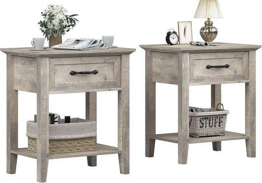 Grey Nightstands Set of 2, End Table with Drawer, Side Table for Spaces, 2 Tiers Storage Shelves with Dresser, Bedside Table for Living Room, Bedroom, Dorm (2Pcs-Grey)