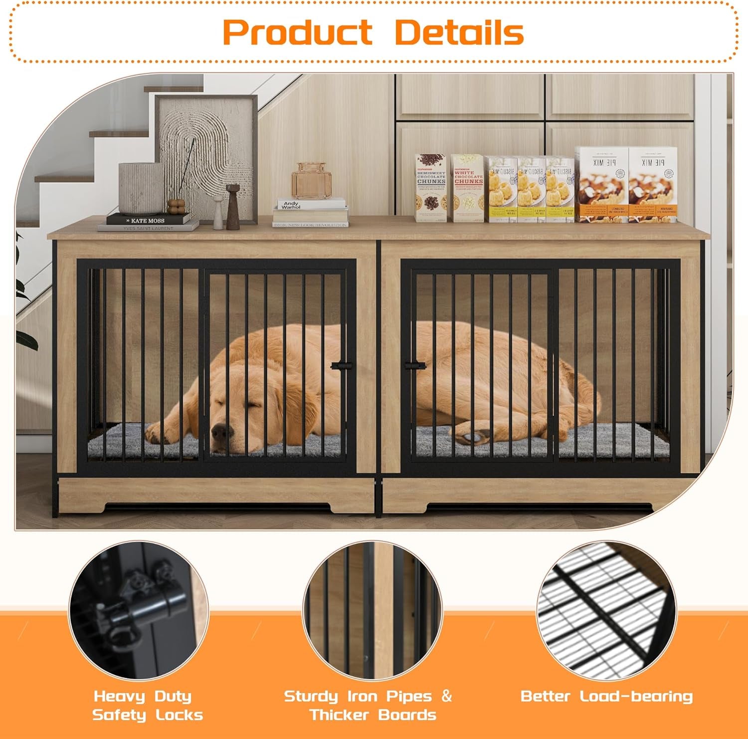 74.8" Large Dog Crate Furniture, Heavy Duty Dog Kennel House with 2 Removable Trays and Divider, Double Doors & Locks Design, Indoor Wooden Dog Crates TV Stand (Black+Natural, 74.80" L)