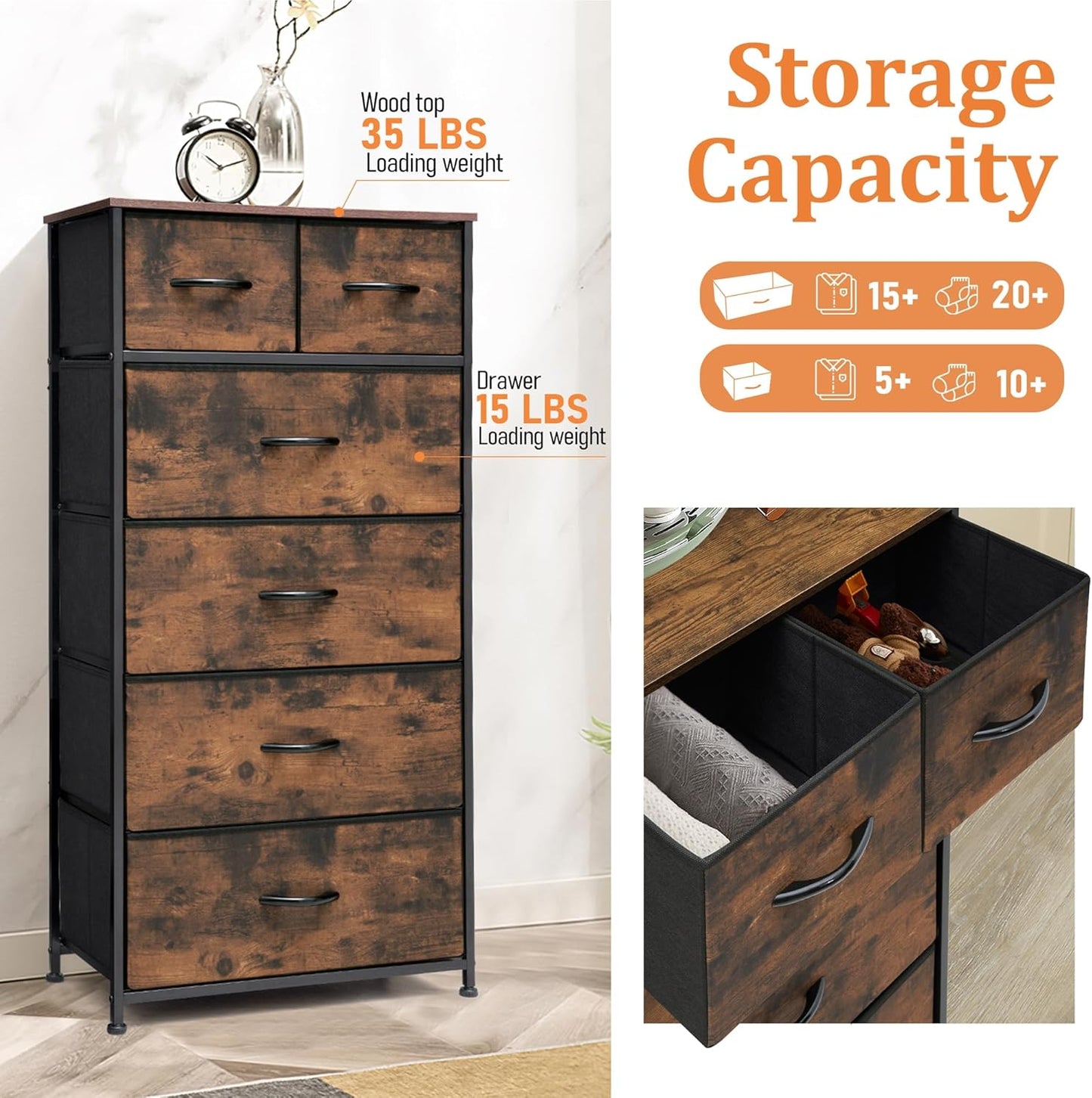 Fabric Dresser for Bedroom, Tall Skinny Dresser with 6 Drawers, Storage Organizer Tower, Steel Frame Wooden Top for Closet, Living Room, Hallway(Rustic Brown)