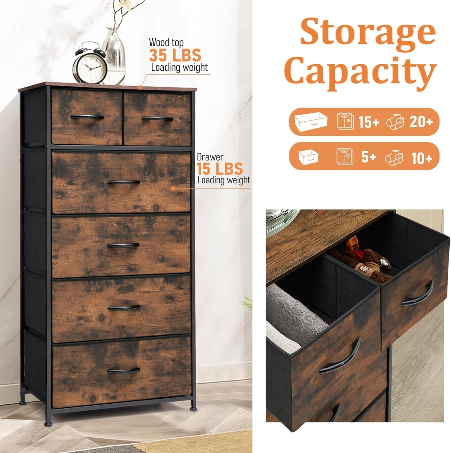 Fabric Dresser for Bedroom, Tall Skinny Dresser with 6 Drawers, Storage Organizer Tower, Steel Frame Wooden Top for Closet, Living Room, Hallway(Rustic Brown)