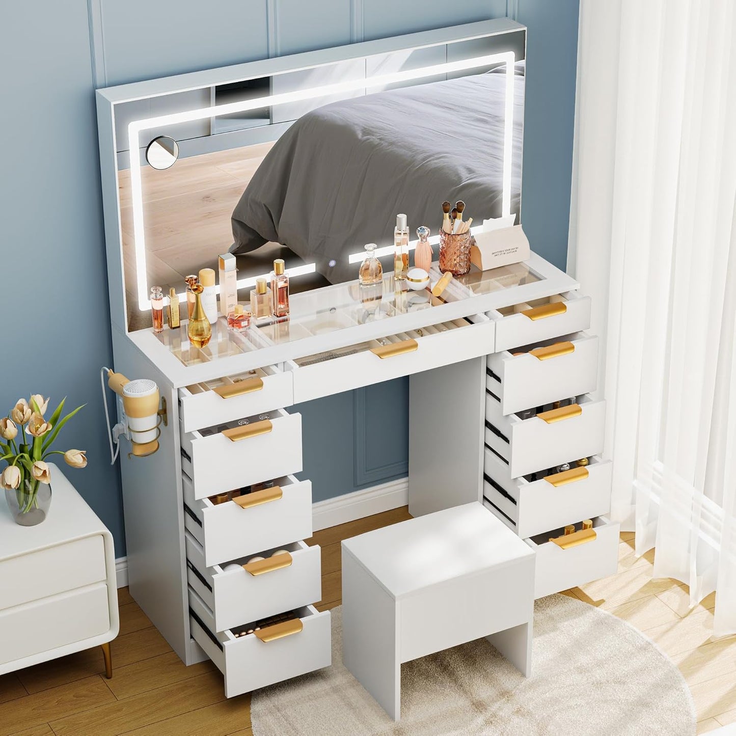 Glass Top Vanity Desk with Mirror and Lights, 11 Drawers Makeup Vanity with Charging Station and Chair, Golden Handles Dressing Table, 3 Lighting Modes Makeup Table, White