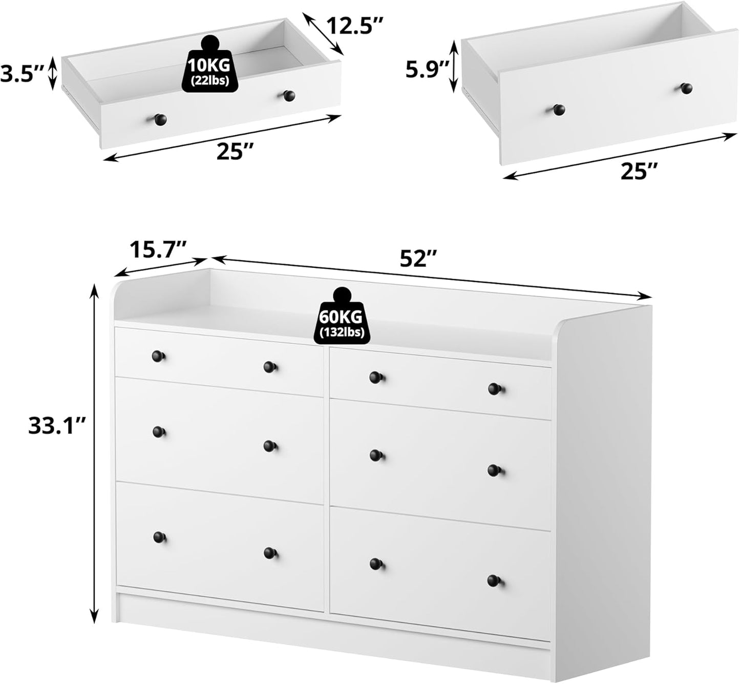 Baby Dresser with 6 Drawers and Large Table Top, Multi-Functional Chest of Drawer, Drawer Dresser with Three-Sided High Rails for Nursery, Children'S Room, Bedroom, White