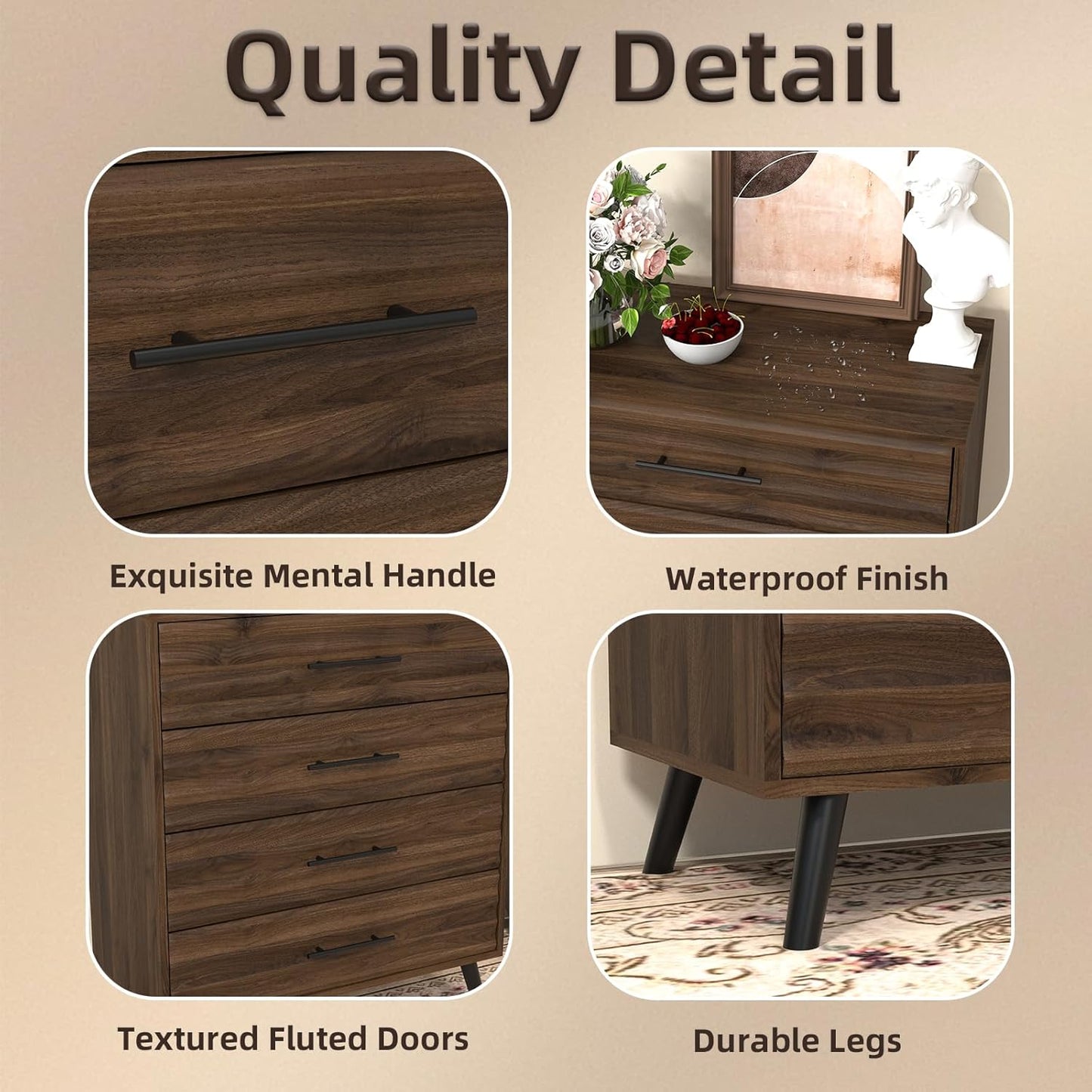 4 Drawers Dresser for Bedroom, Walnut Chest of Drawers with Large Storage Capacity, Wooden Storage Dresser Organizer for Bedroom Nursery Living Room Hallway Closet(4-Drawer)