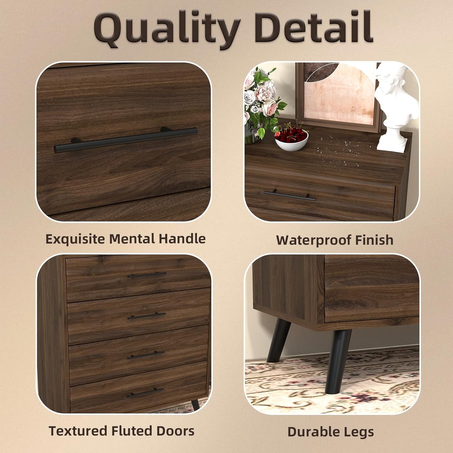 4 Drawers Dresser for Bedroom, Walnut Chest of Drawers with Large Storage Capacity, Wooden Storage Dresser Organizer for Bedroom Nursery Living Room Hallway Closet(4-Drawer)