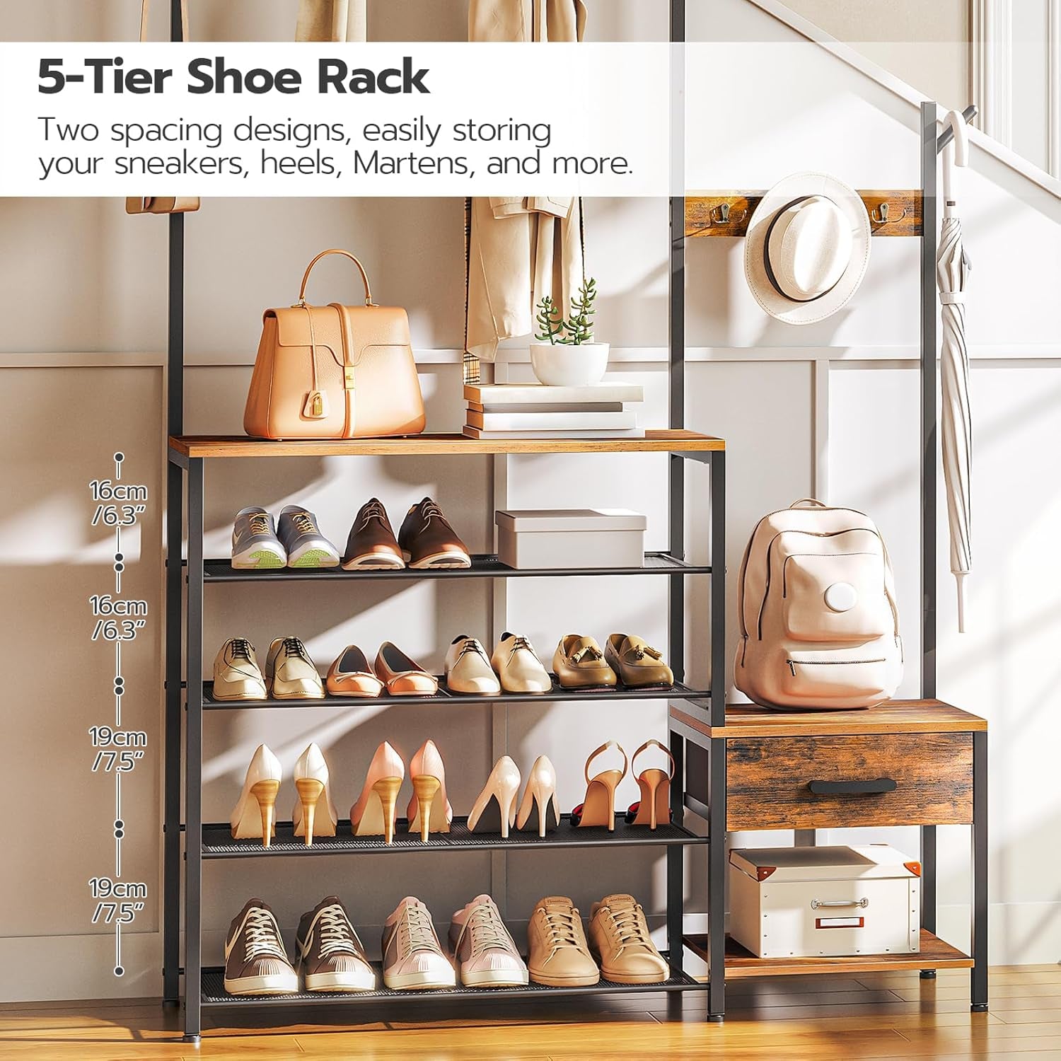 Hall Tree, Entryway Coat Rack Shoe Bench, Shoe and Coat Rack for Entryway, Hall Tree Coat Rack, with Non-Woven Fabric Drawer, for Entrance, Foyer, Rustic Brown and Black BF113MT01